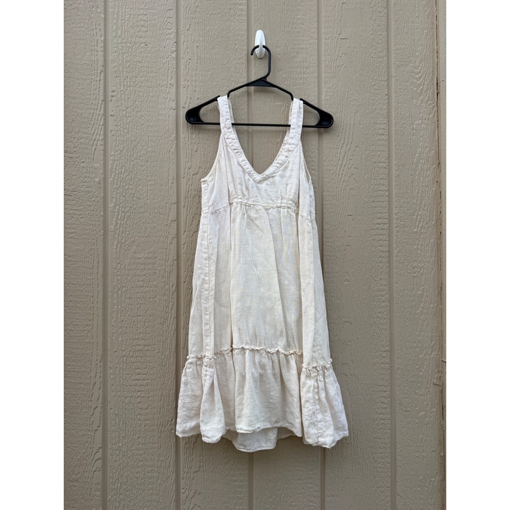 Odille 8 Linen Dress Cottagecore Boho Cream Ruffle Hem V-Neck